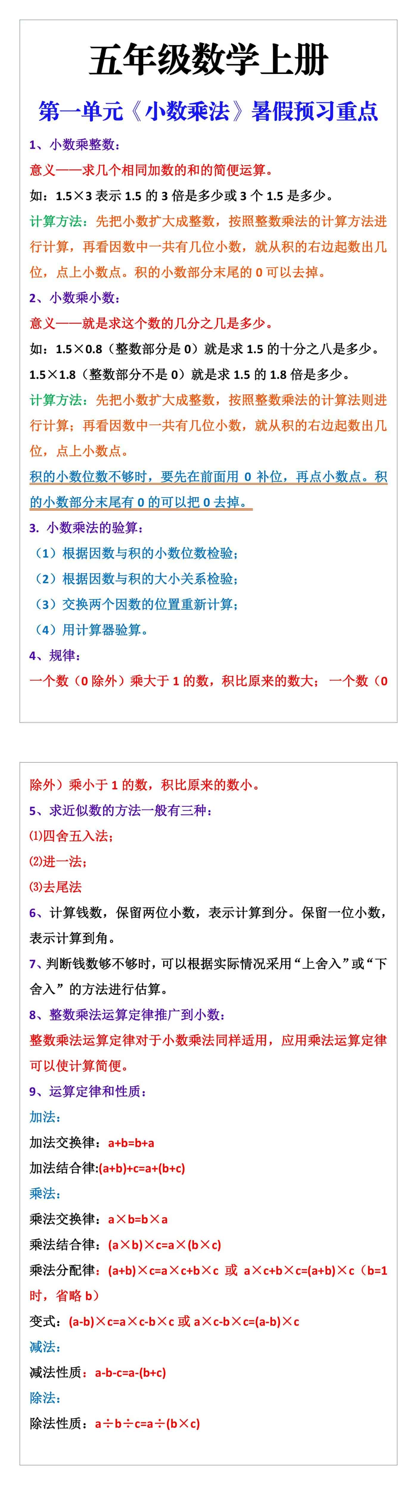 五年级数学上册第一单元《小数乘法》暑假重点预习知识汇总