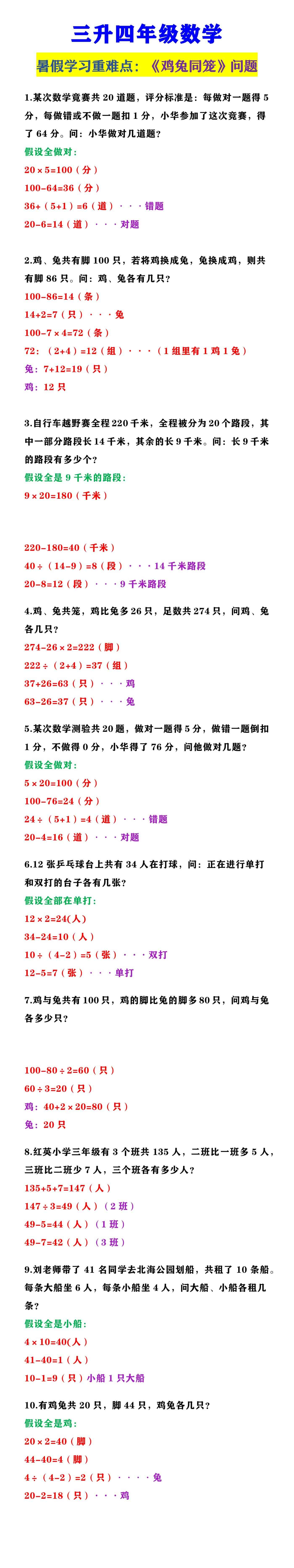 三升四年级数学 《鸡兔同笼问题》