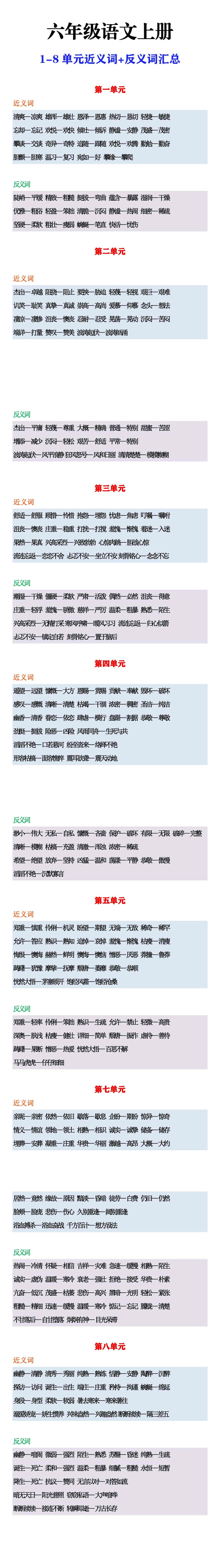 六年级语文上册1-8单元近义词+反义词