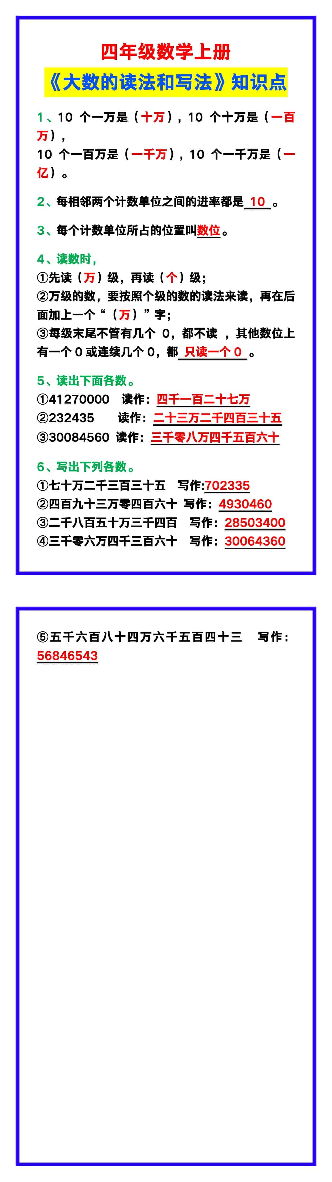 四年级数学上册《大数的读法和写法》知识点预