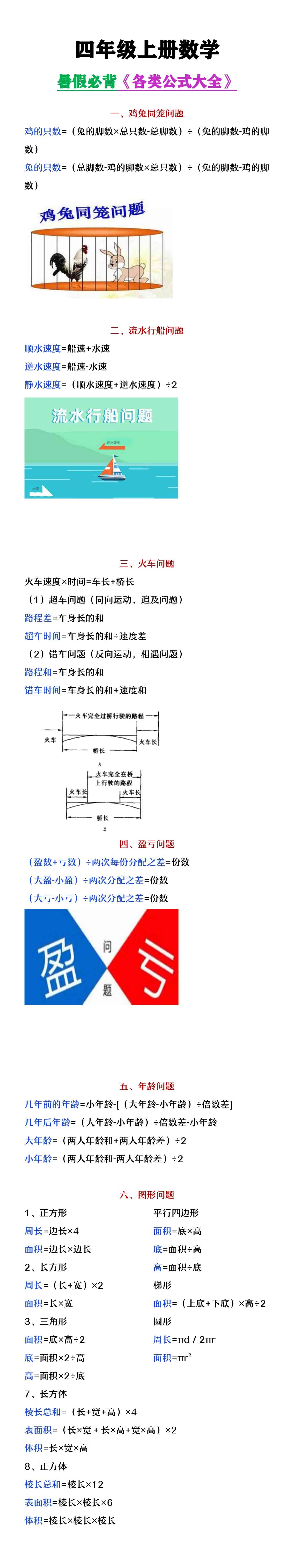 四年级上册数学各类公式汇总