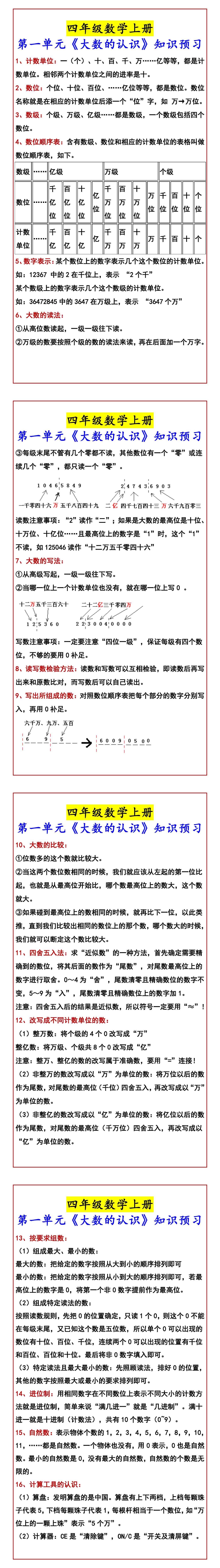 四年级数学上册 第一单元《大数的认识》知识预