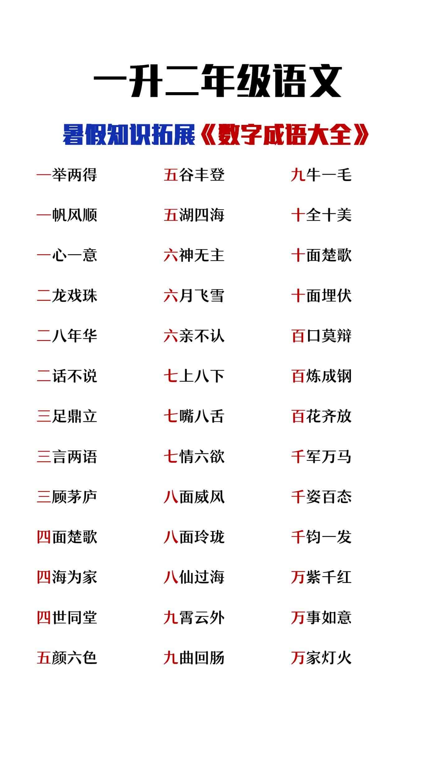 一升二年级语文暑假知识拓展《数字成语大全》