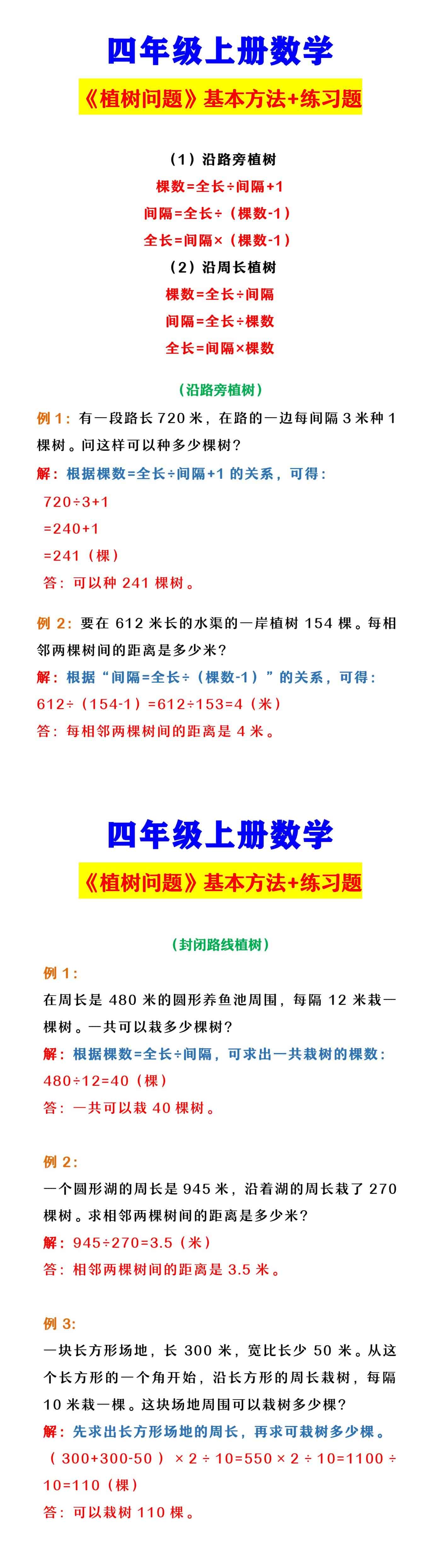 四年级上册数学 《植树问题》基本方法+练习题
