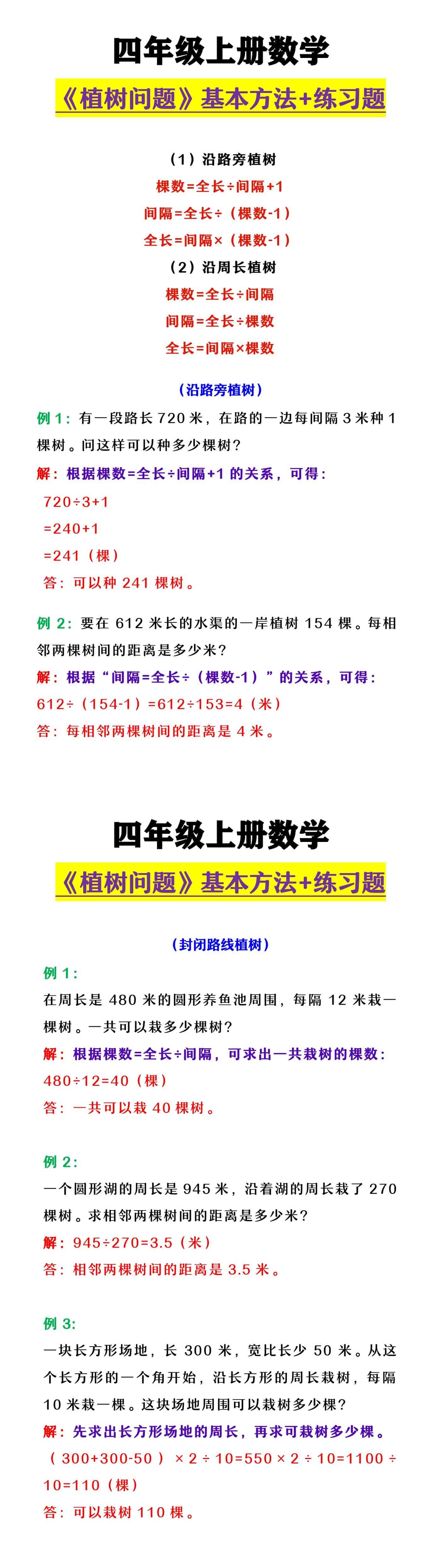 四年级上册数学 《植树问题》基本方法+练习题