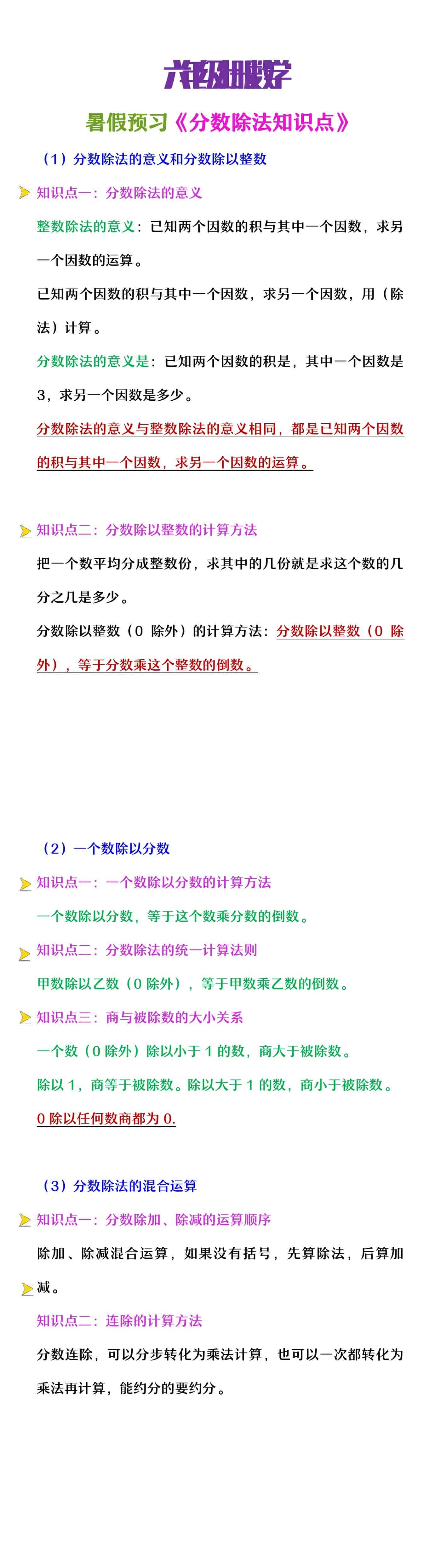 六年级上册数学暑假预习《分数除法知识点》