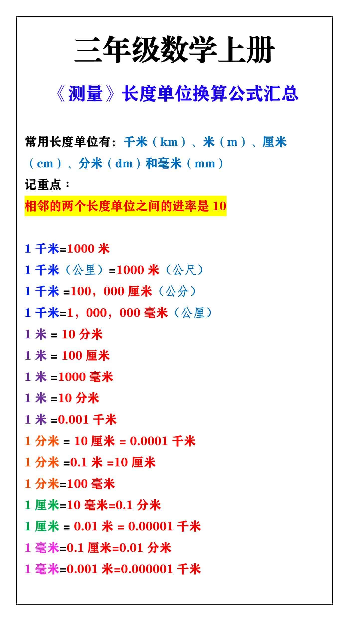 三年级数学上册《测量》长度单位换算公式汇总