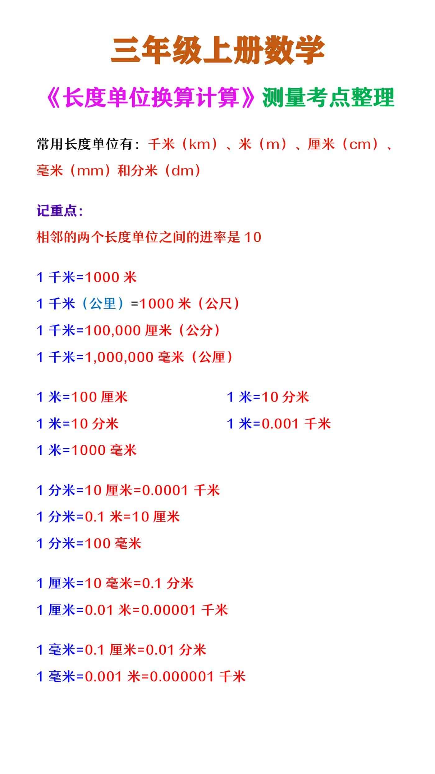 三年级上册数学 《长度单位换算计算》