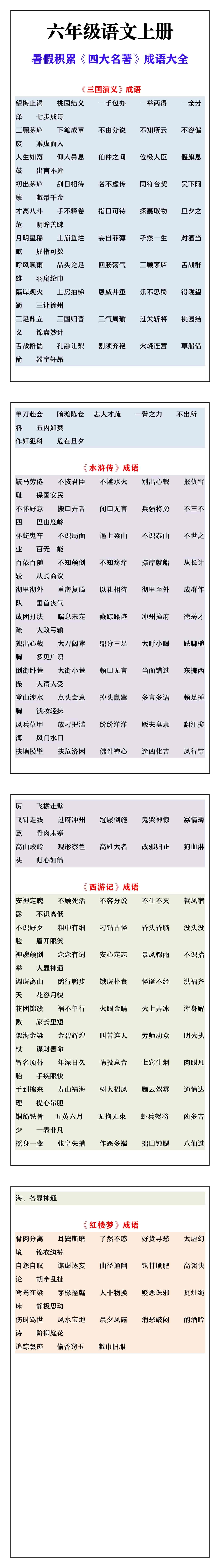 六年级语文暑假积累《四大名著》成语大全！