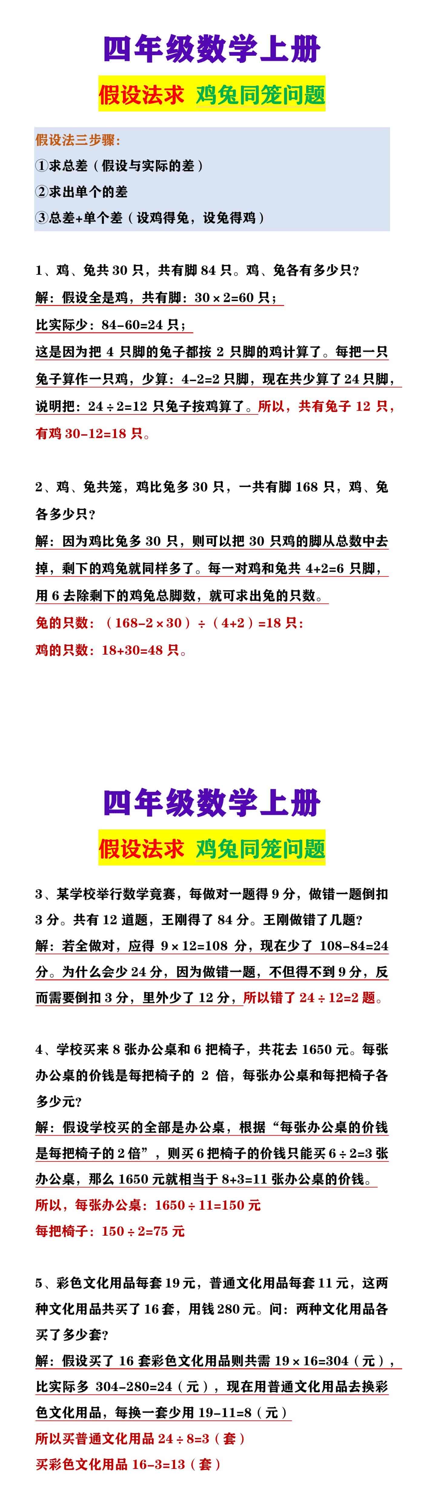 四年级数学上册 假设法求 鸡兔同笼问题