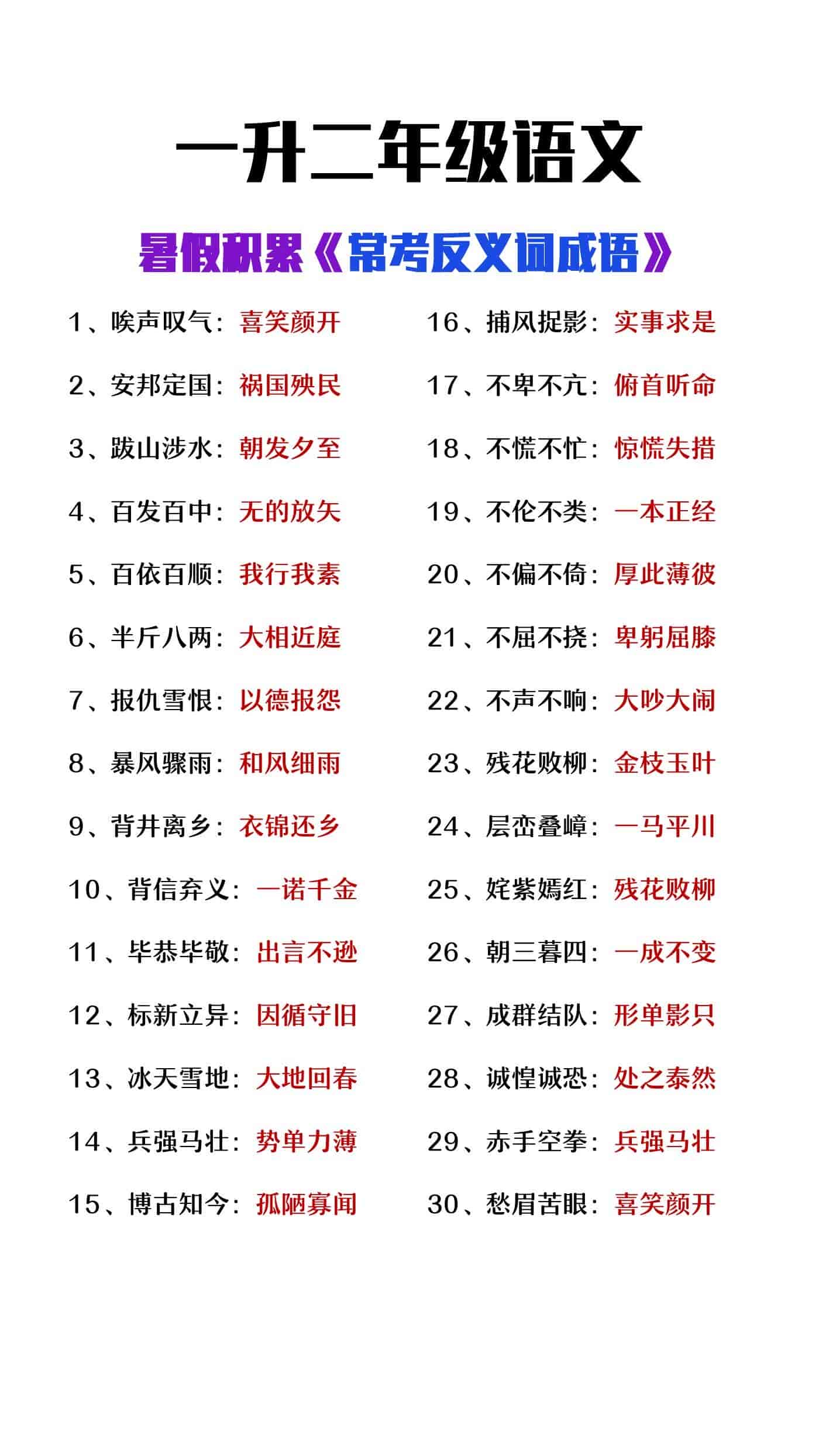 一升二年级语文暑假知识积累《反义词成语大全