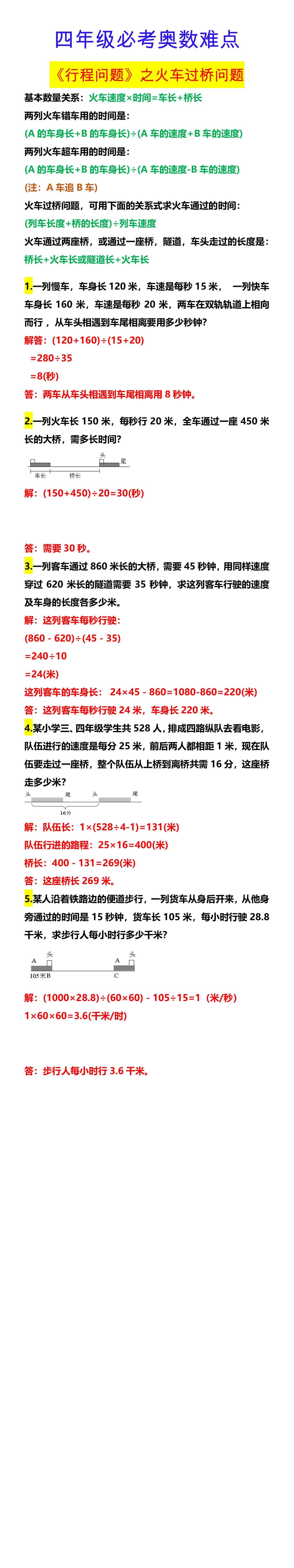 四年级必考奥数难点 《行程问题》之火车过桥问
