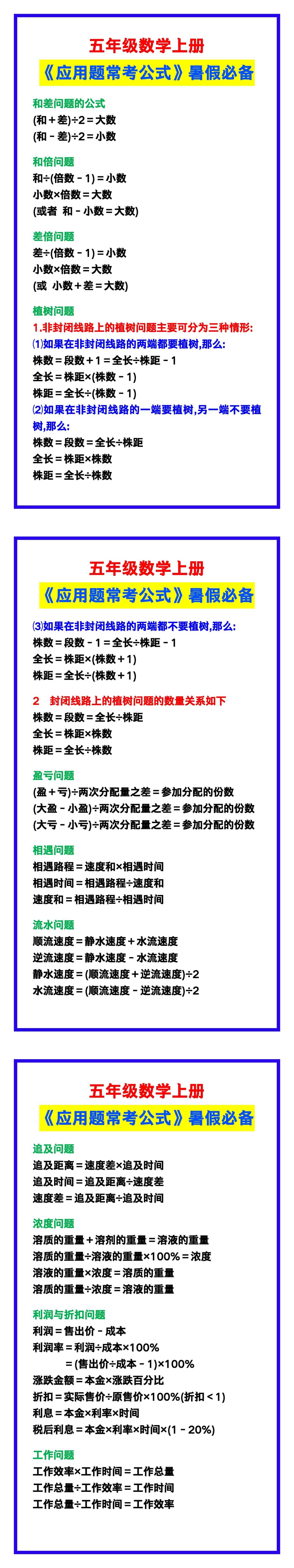 五年级数学上册《应用题常考公式》汇总