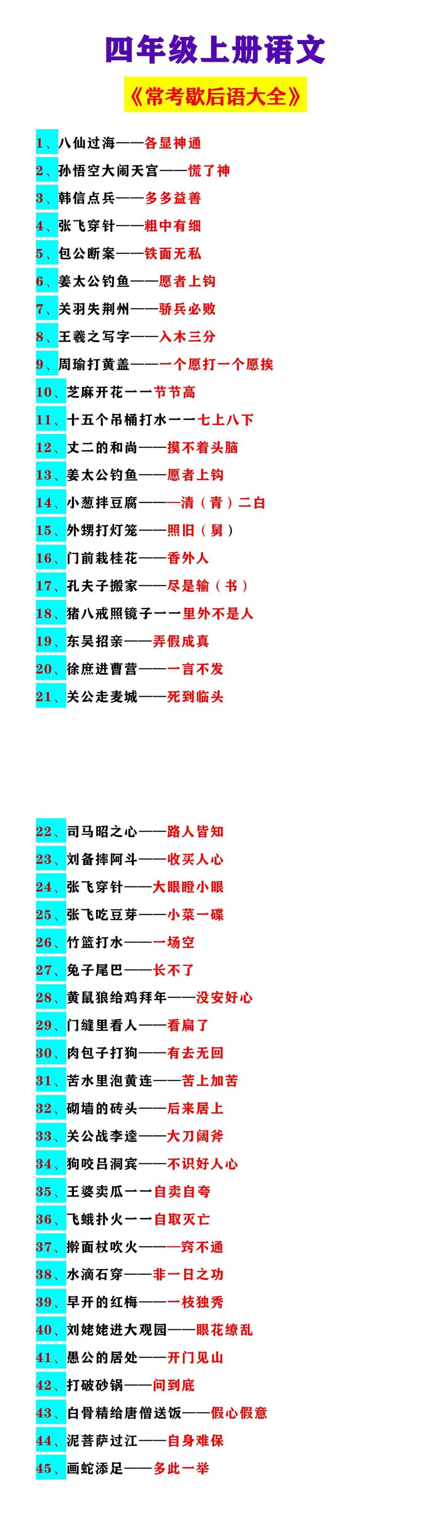 四年级上册语文 《常考歇后语大全》