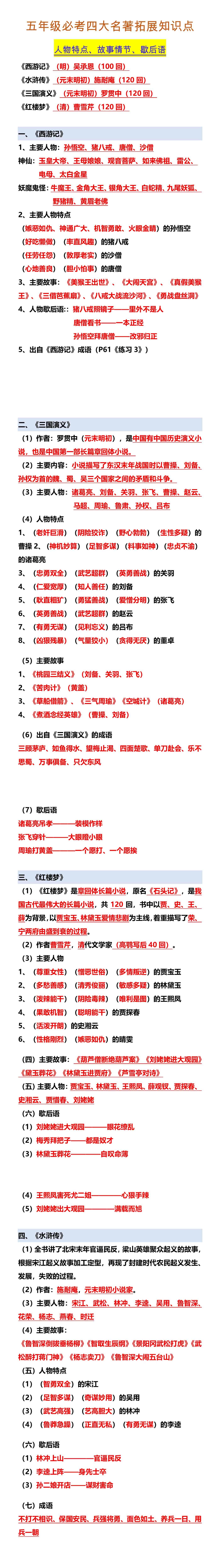 五年级必考四大名著拓展知识点 人物特点、故事