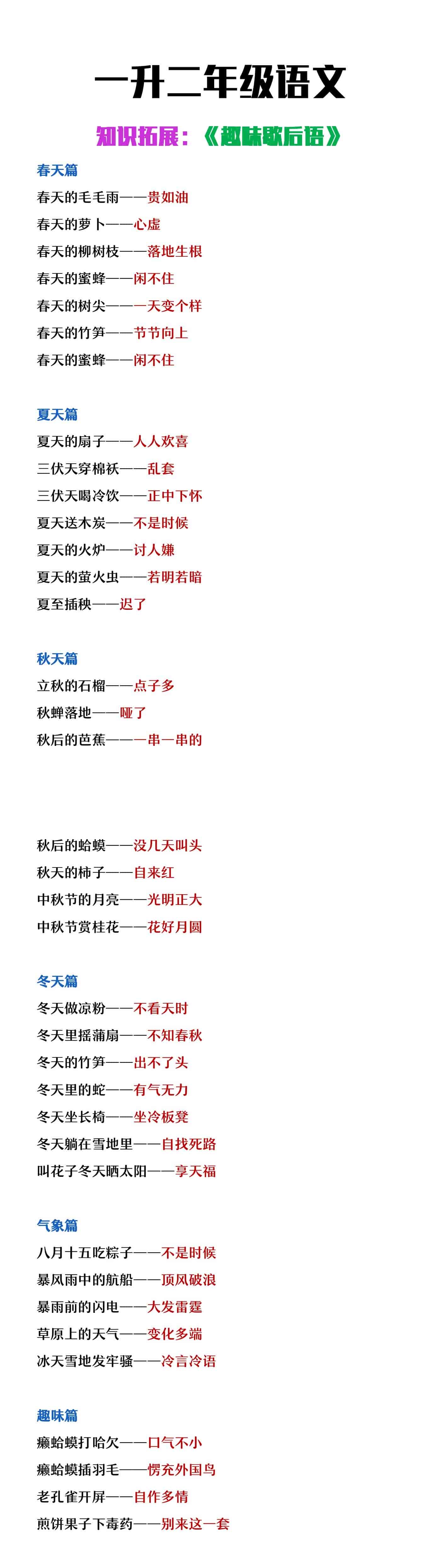 一升二年级语文知识拓展《常考趣味歇后语》