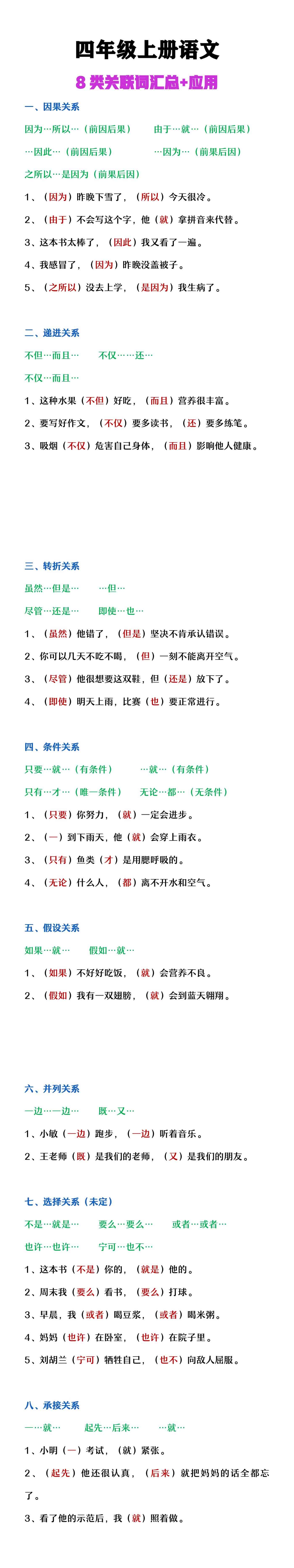 四年级上册语文八类关联词及应用