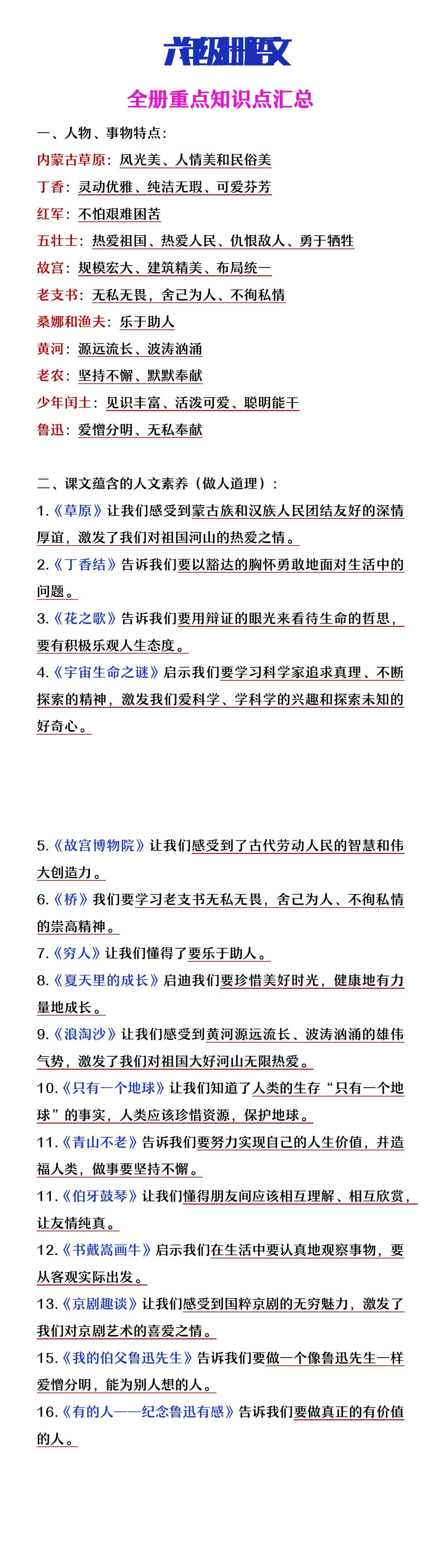 六年级上册语文全册重点知识点汇总