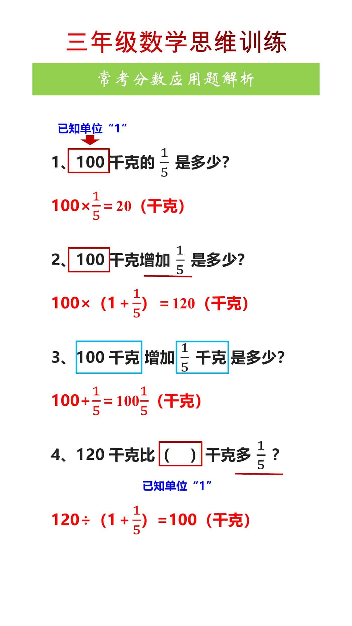 三年级数学思维训练常考分数应用题解析