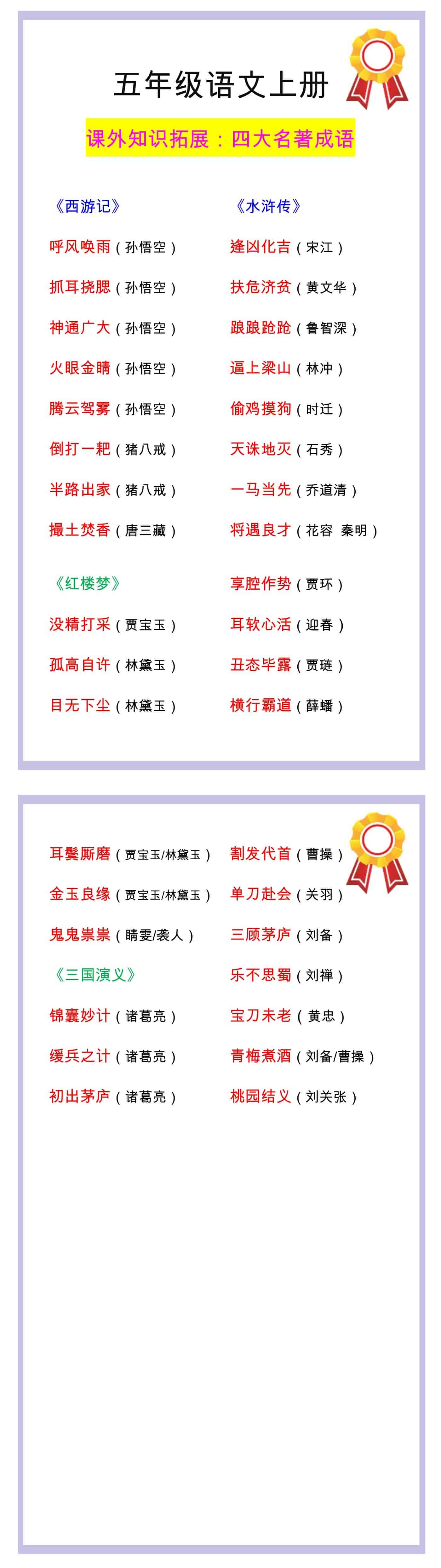 五年级语文课外知识拓展四大名著成语
