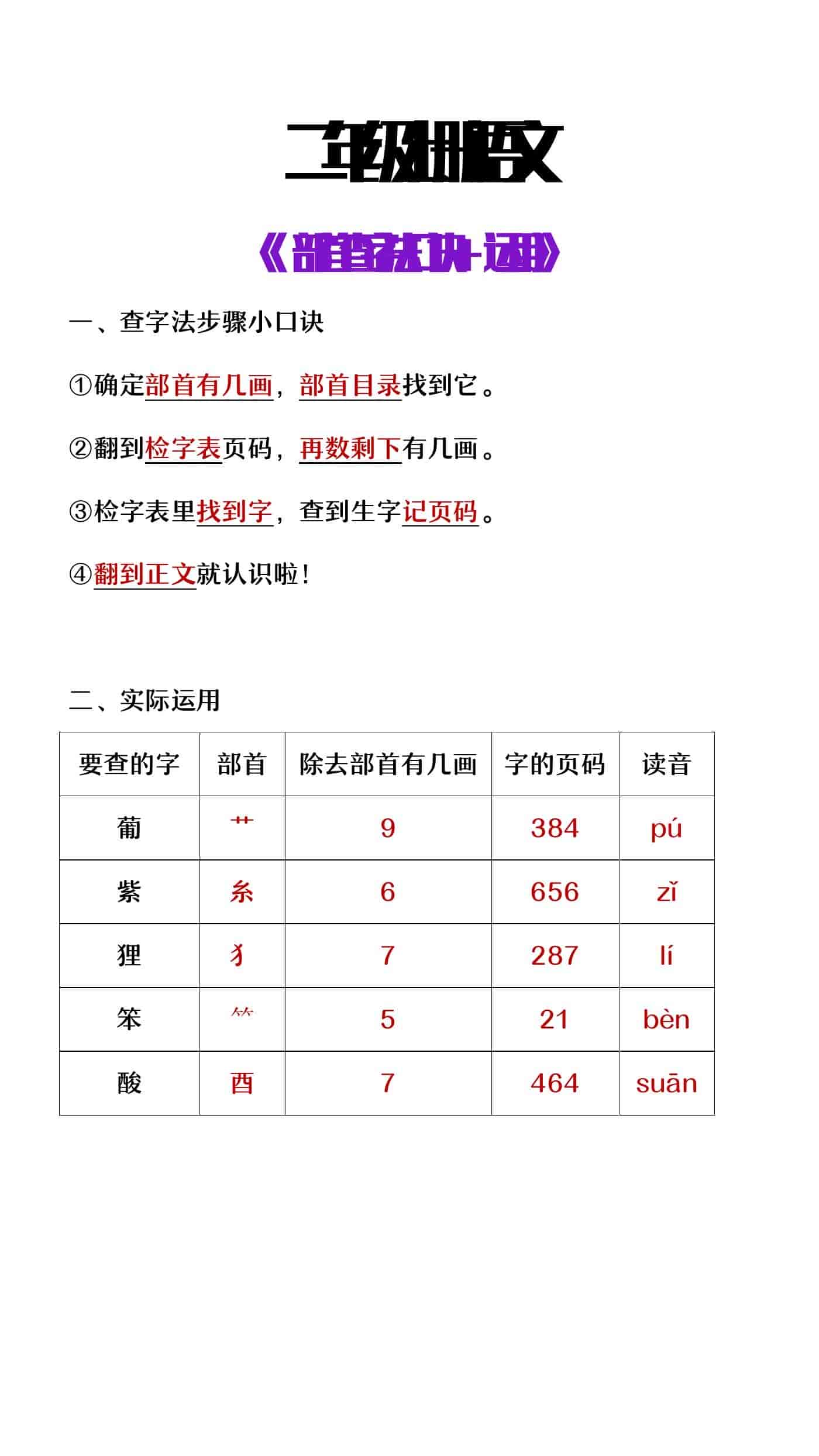 二年级上册语文部首查字法口诀及运用