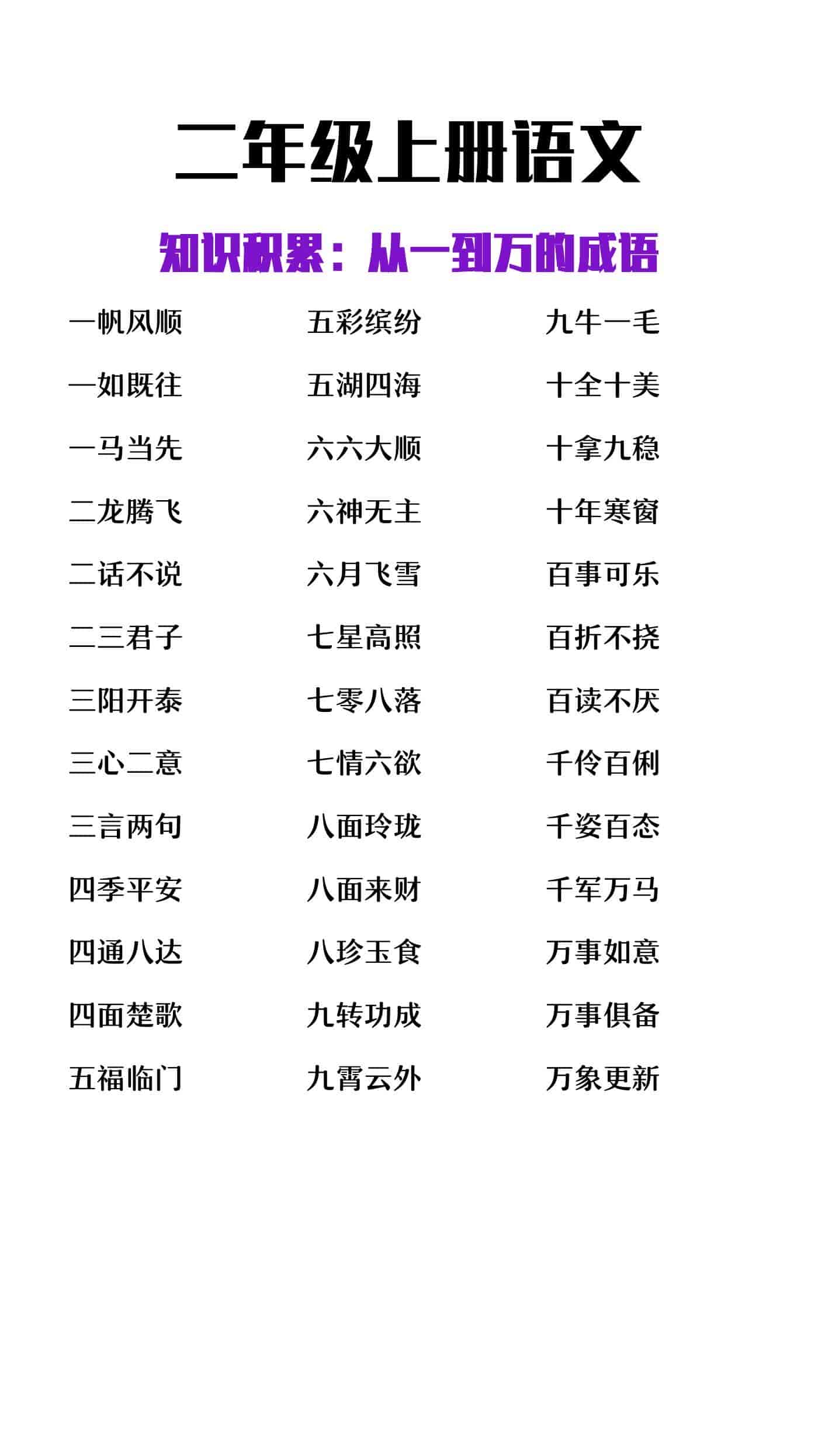 二年级上册语文知识积累《从一到万的成语》
