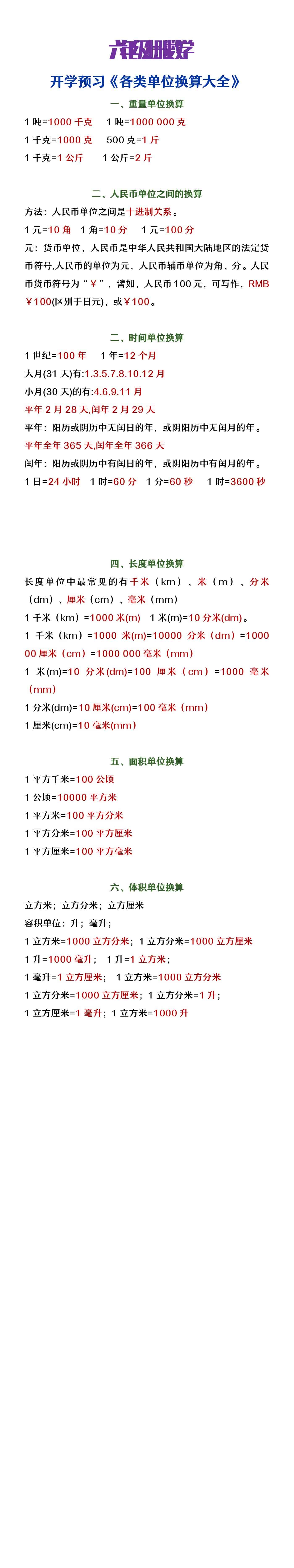 六年级上册数学开学预习《各类单位换算大全》