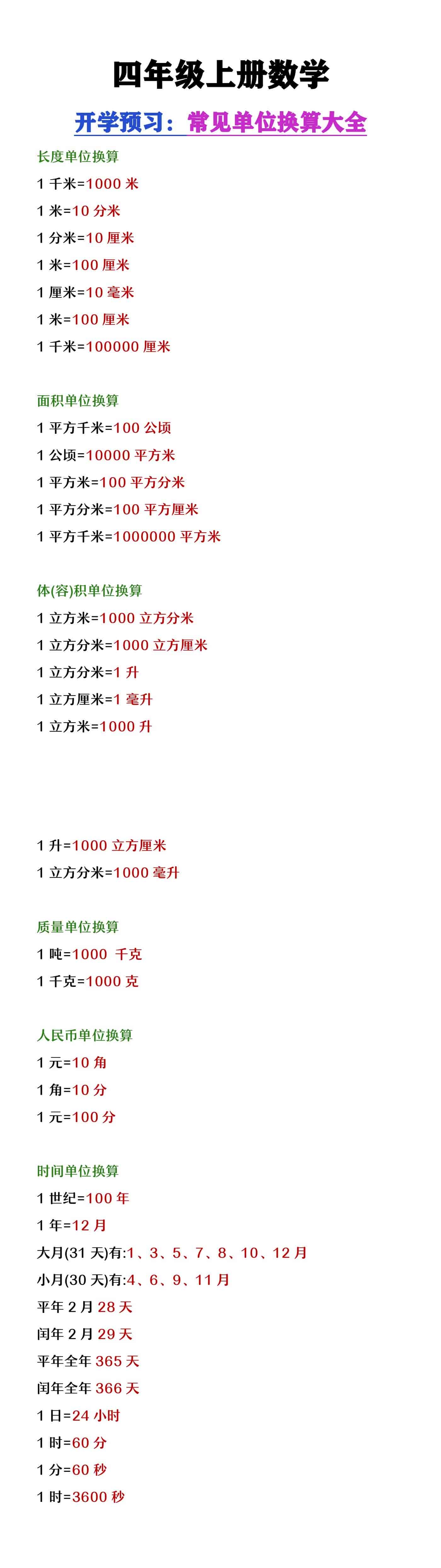 四年级上册数学常见单位换算大全