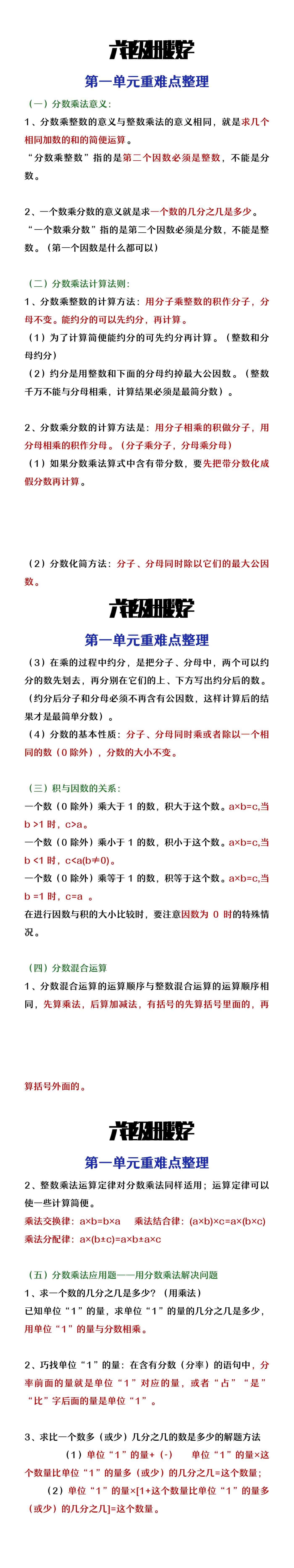 六年级上册数学第一单元重难点整理