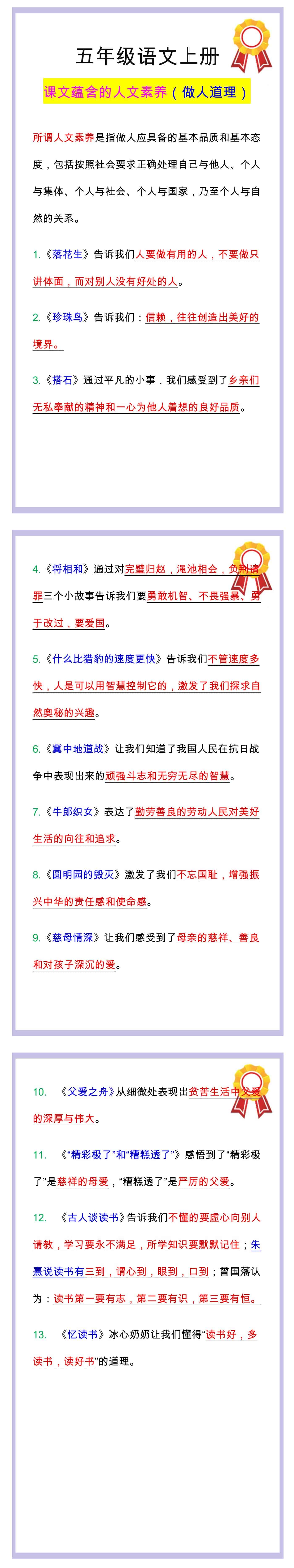 五年级语文上册课文蕴含的人文素养，做人道理