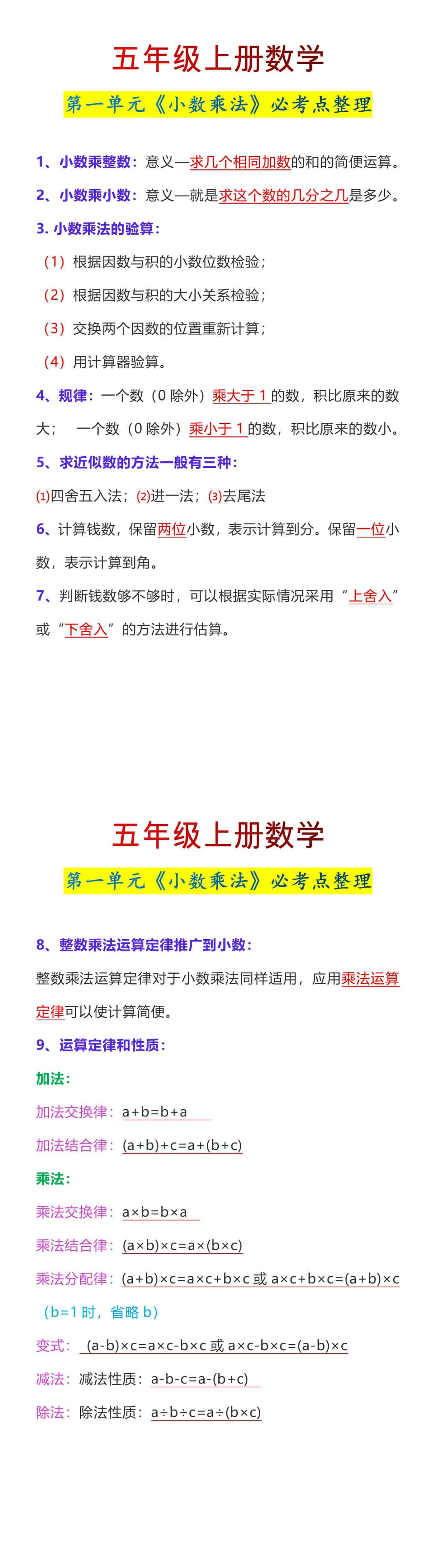 五年级上册语数学第一单元《小数乘法》必考点整理