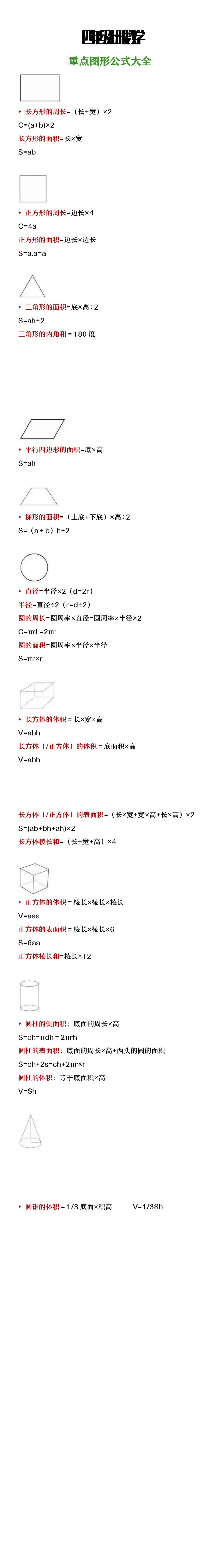 四年级上册数学常考重点图形公式大全