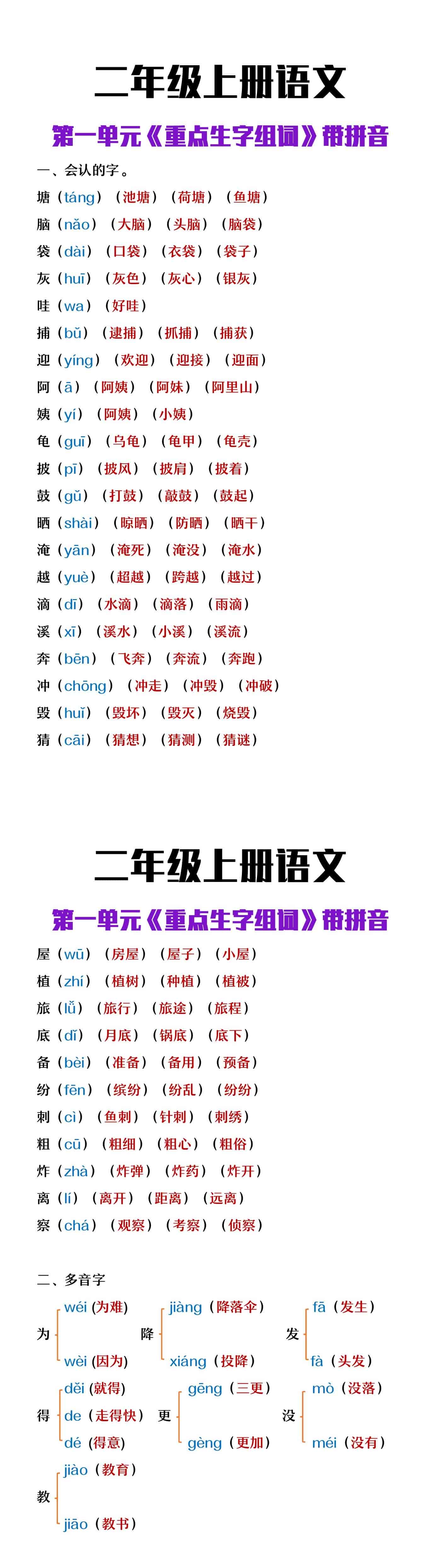 二年级上册语文第一单元重点生字组词含拼音