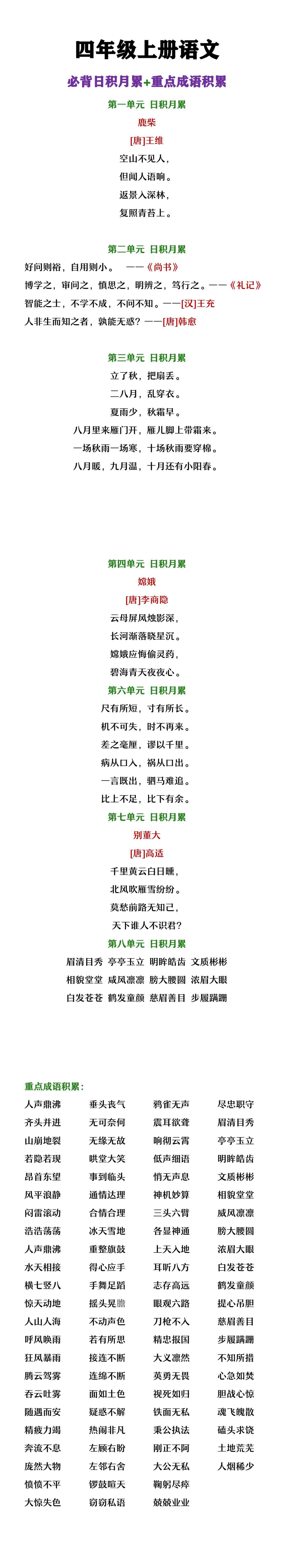 四年级上册语文必背日积月累及重点成语积累