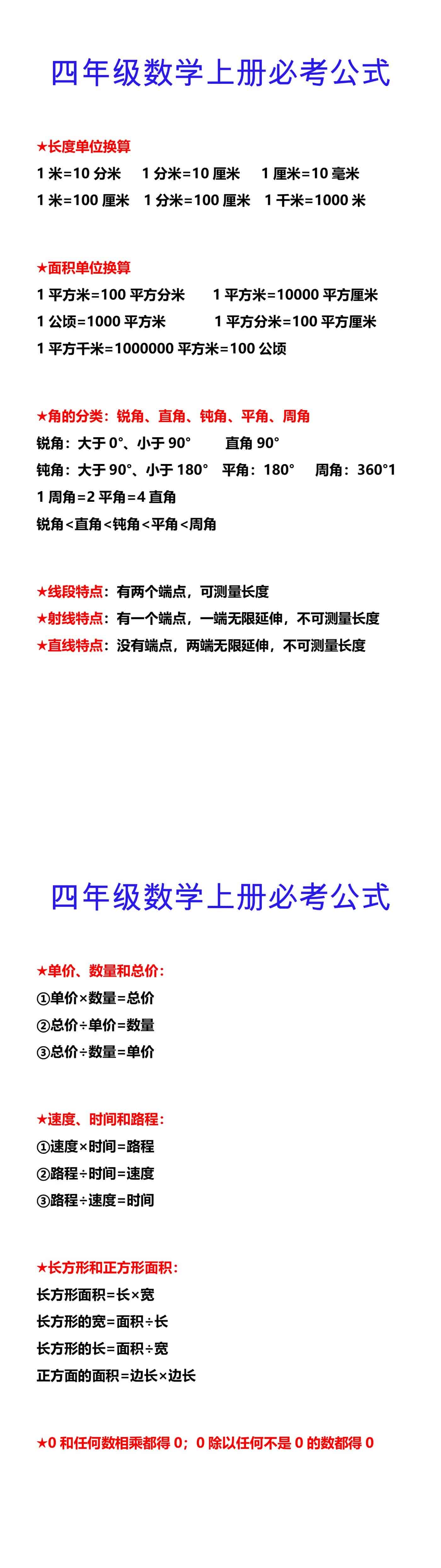 四年级数学上册必考公式