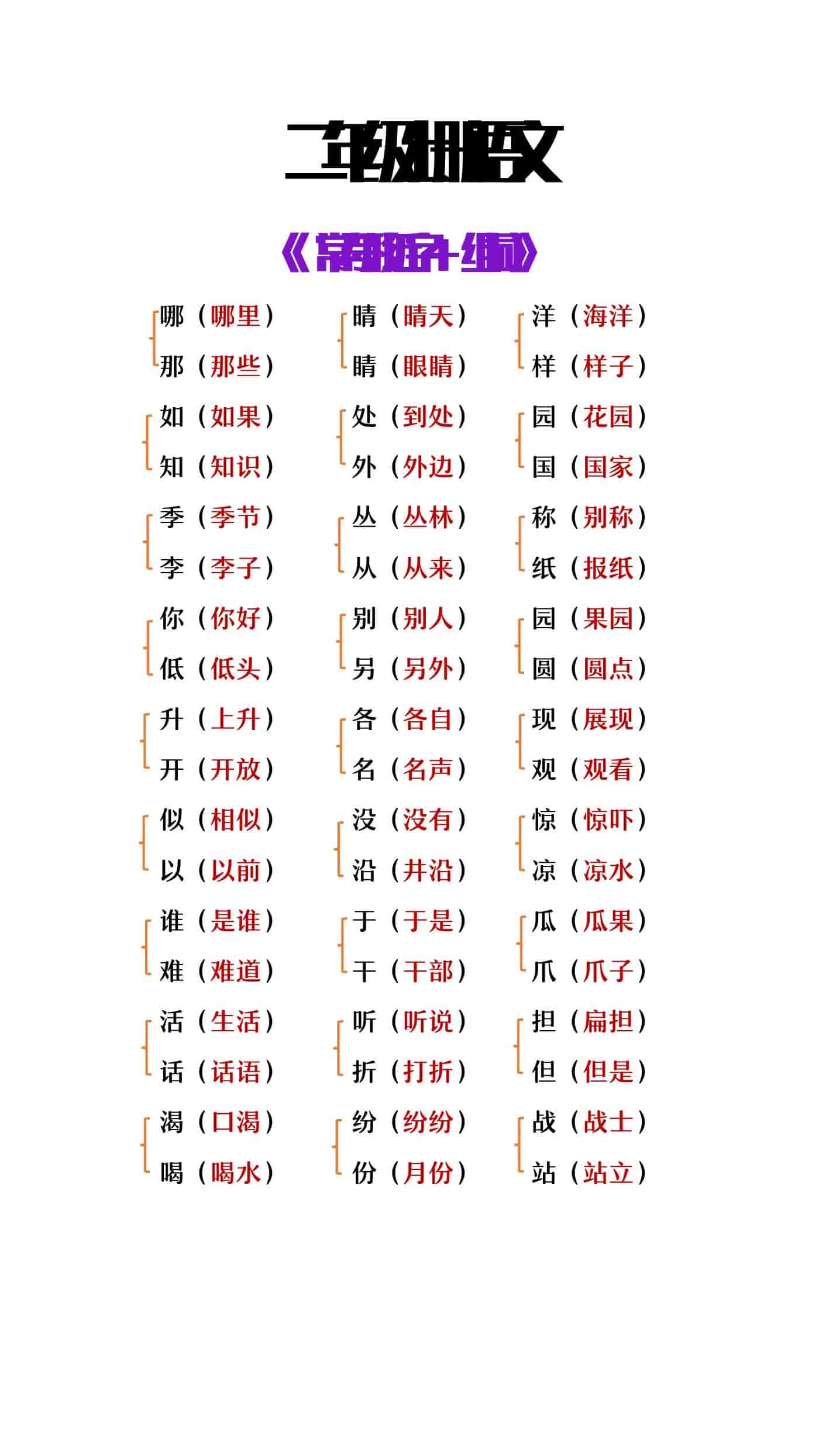 二年级上册语文常考形近字及组词