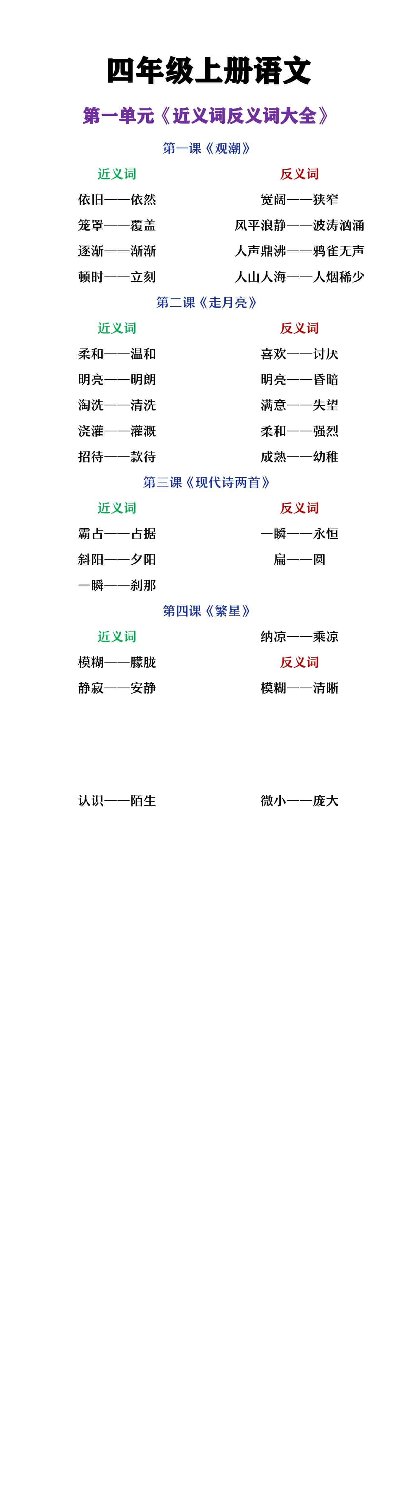 四年级上册语文第一单元近义词反义词大全