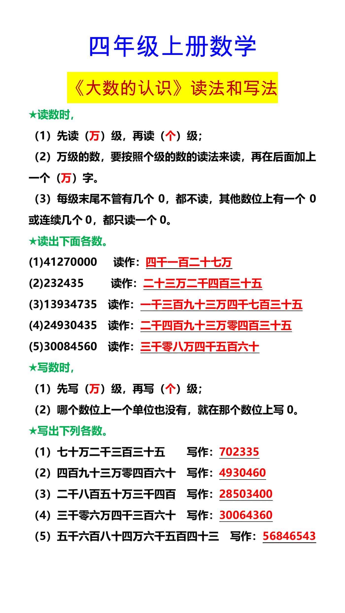 四年级上册数学 《大数的认识》读法和写法