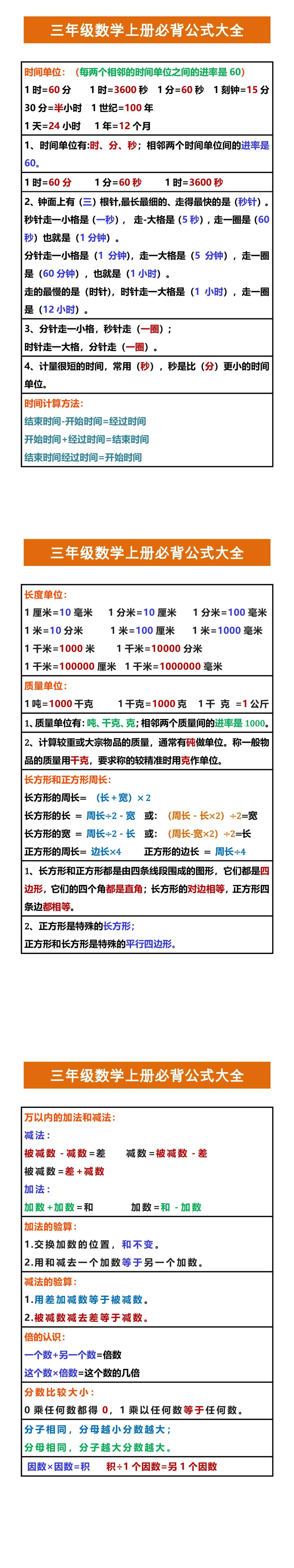 三年级数学上册必背公式大全