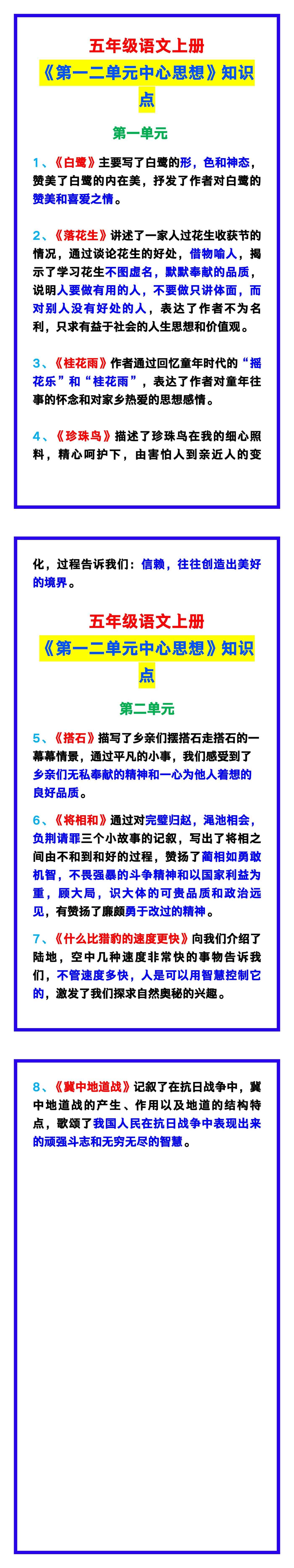 五年级语文上册《第一二单元中心思想》，考前