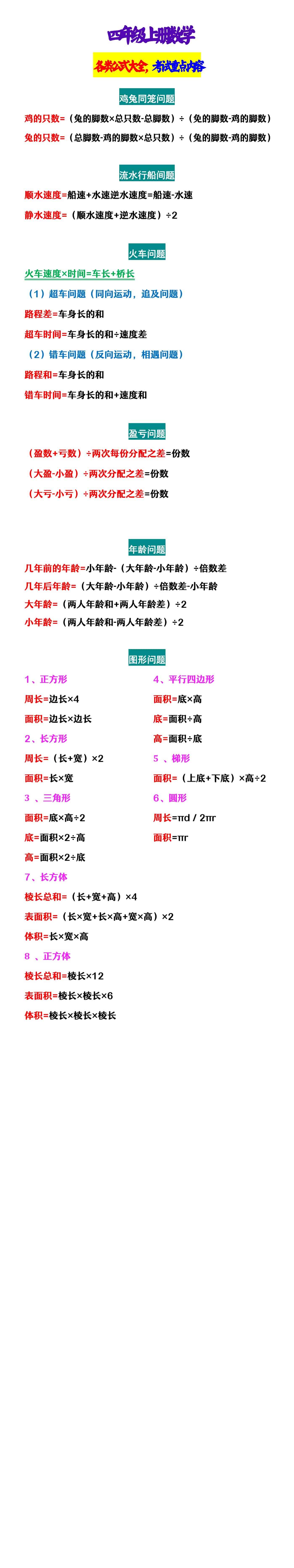 四年级上册数学 各类公式大全，考试重点内容