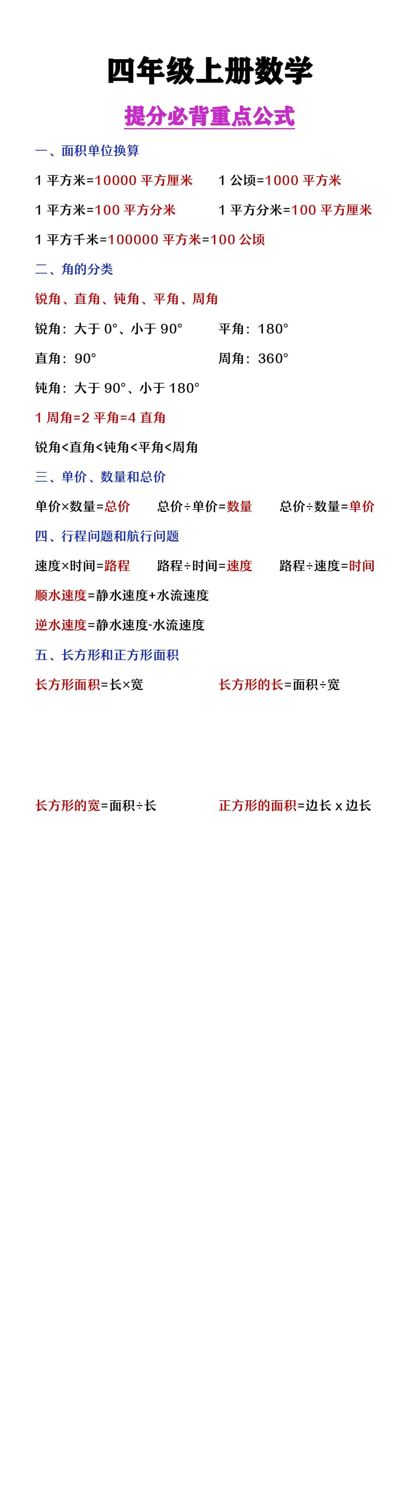 四年级上册数学提分必备重点公式
