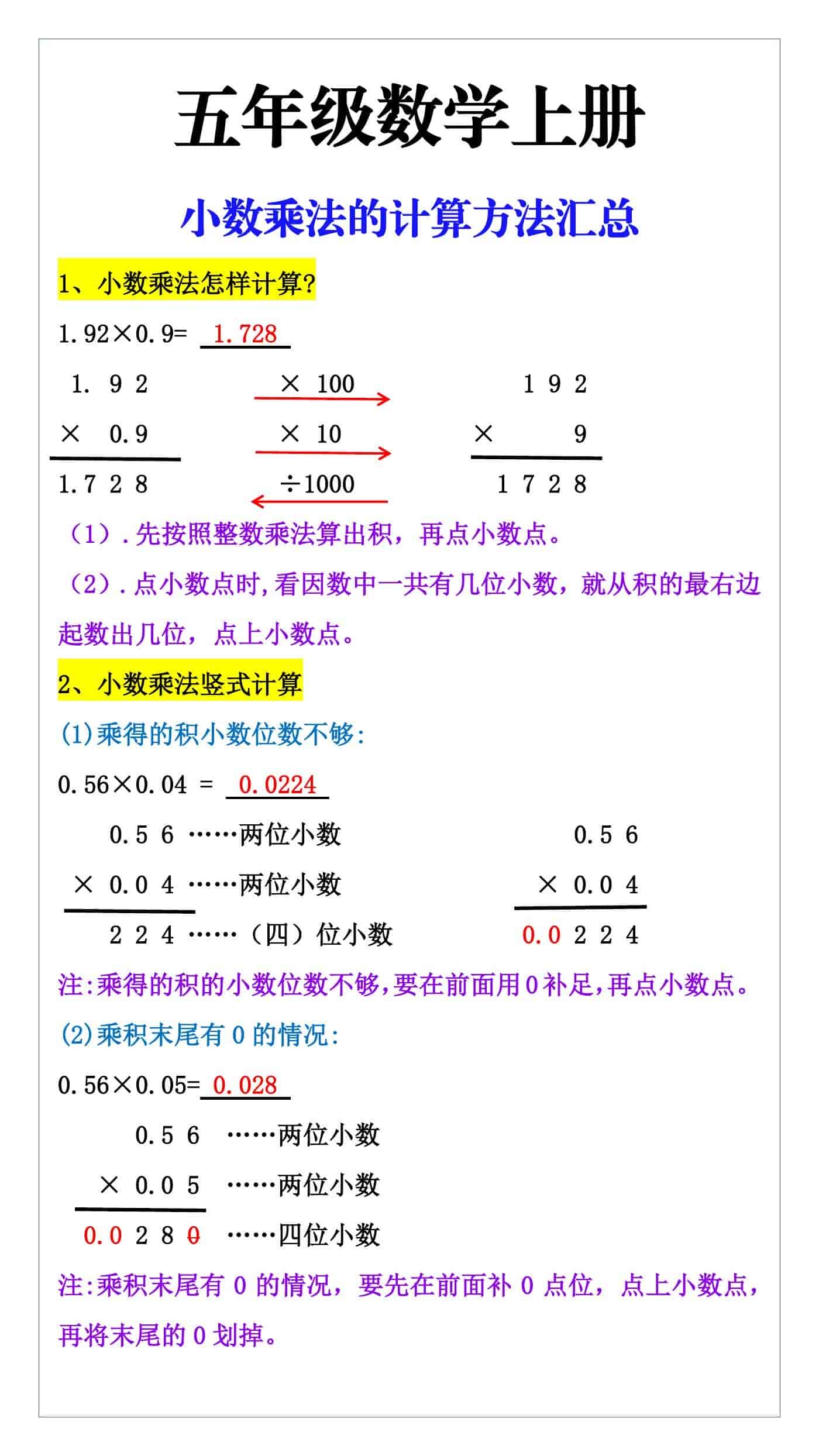 五年级数学上册小数乘法的计算方法汇总