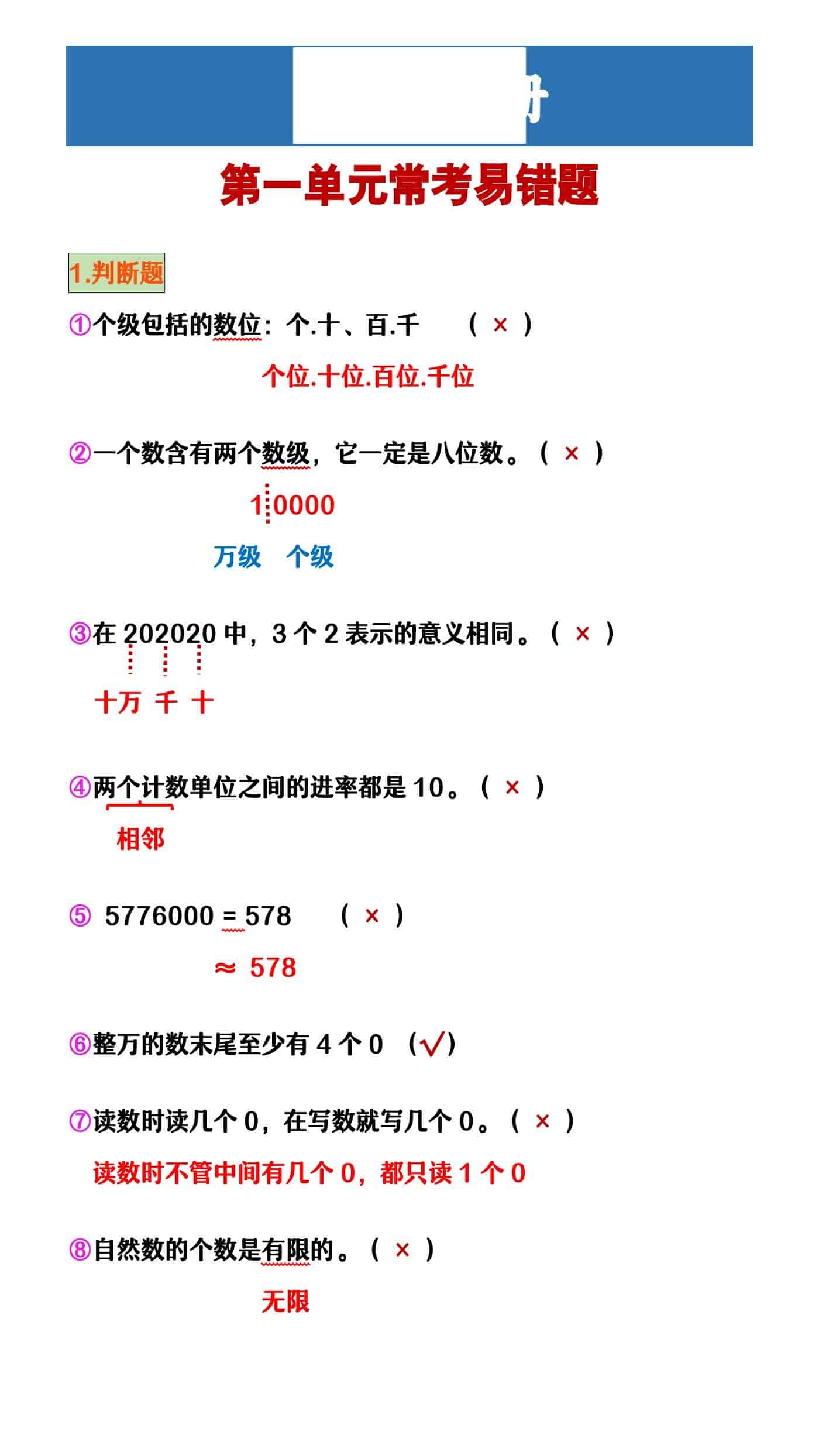 四年级数学上册 第一单元常考易错题