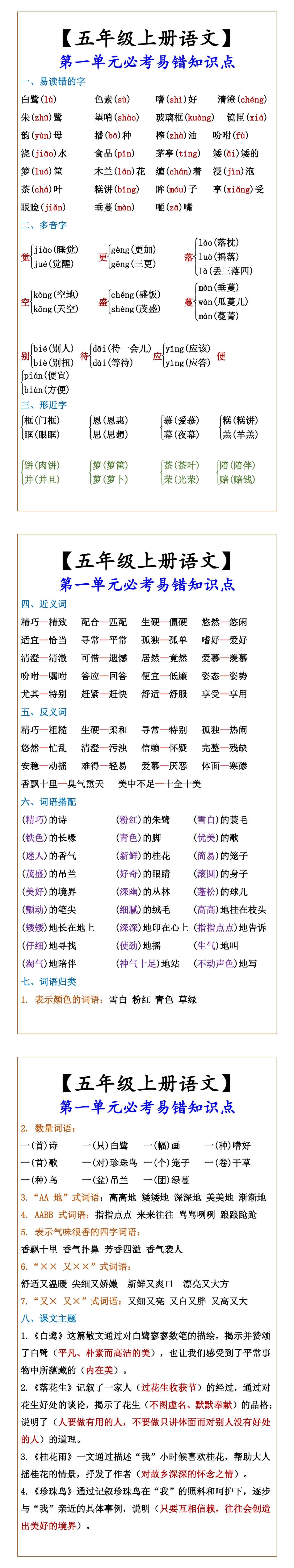 【五年级上册语文】 第一单元必考易错知识点