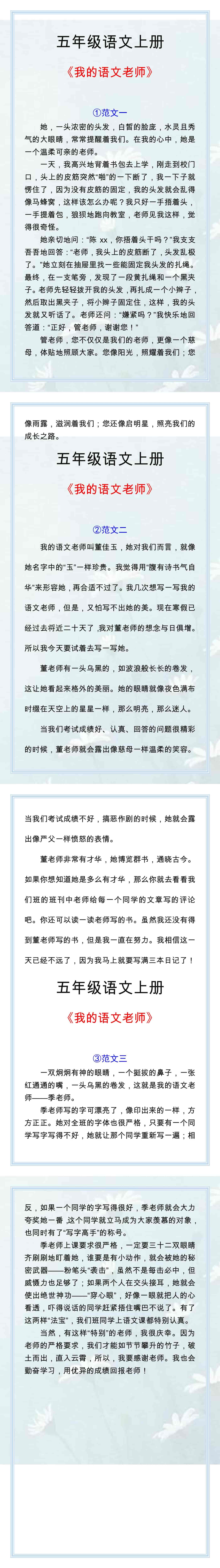 《我的语文老师》优秀作文范文，五年级必写作
