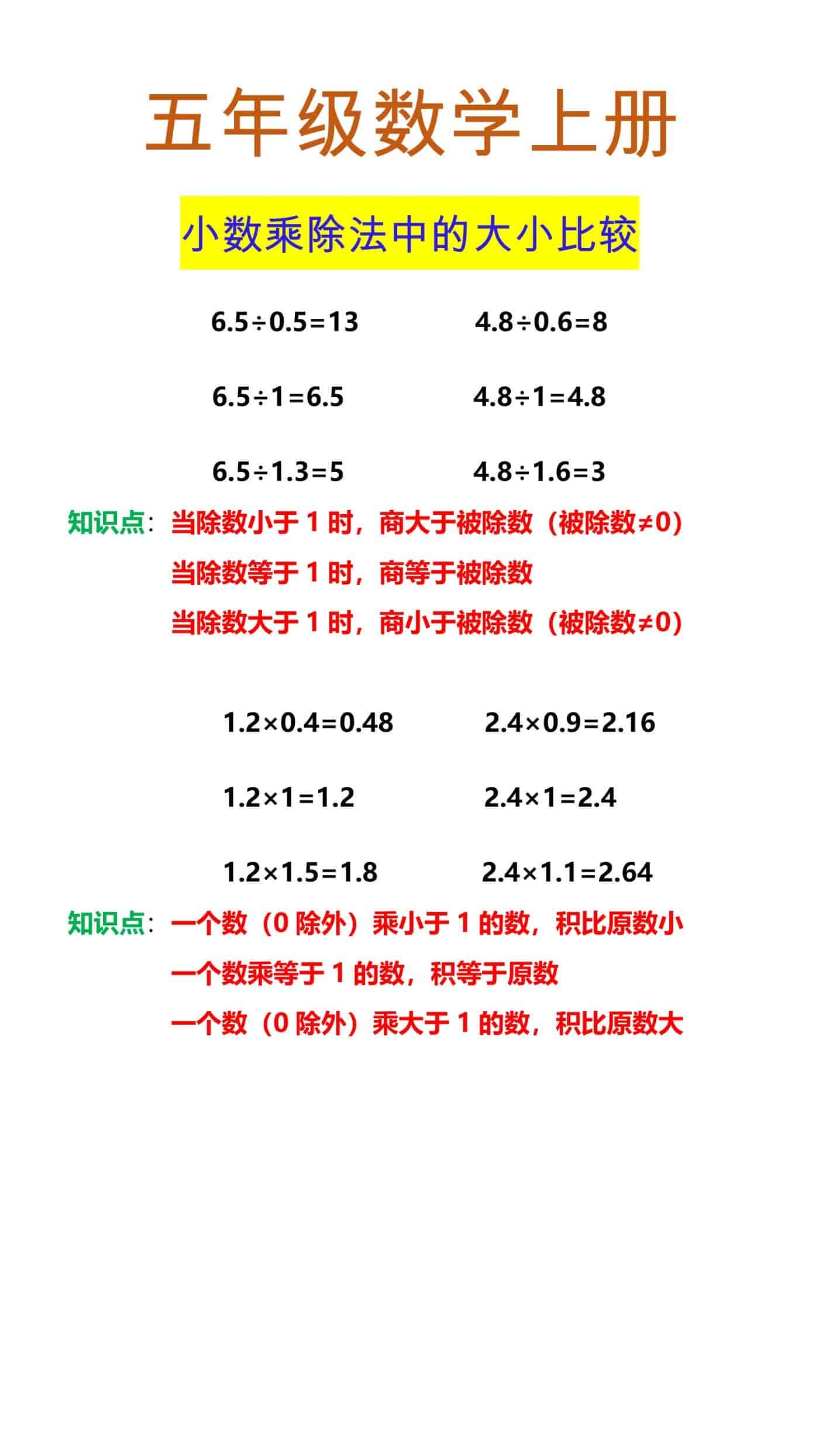 五年级数学上册 小数乘除法中的大小比较