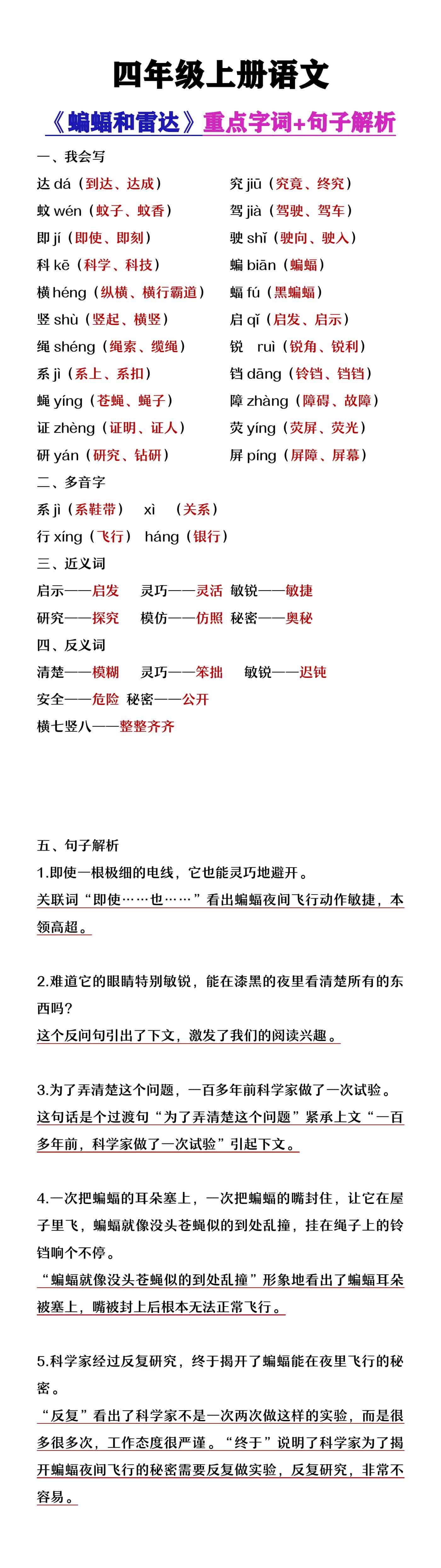 四年级上册语文《蝙蝠和雷达》重点字词及句子