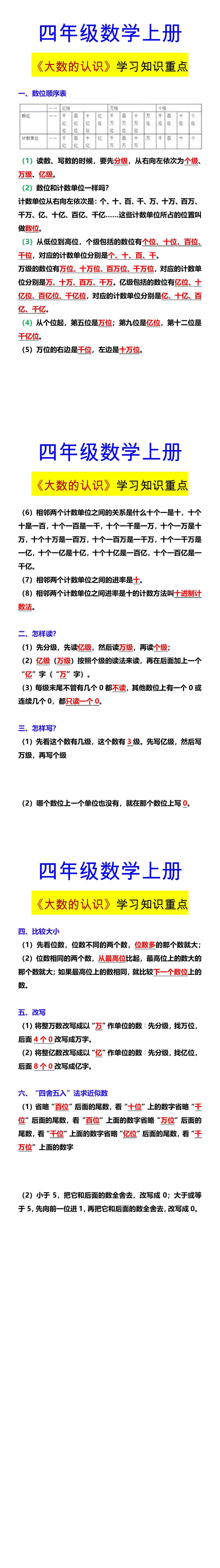 四年级数学上册 《大数的认识》学习知识重点