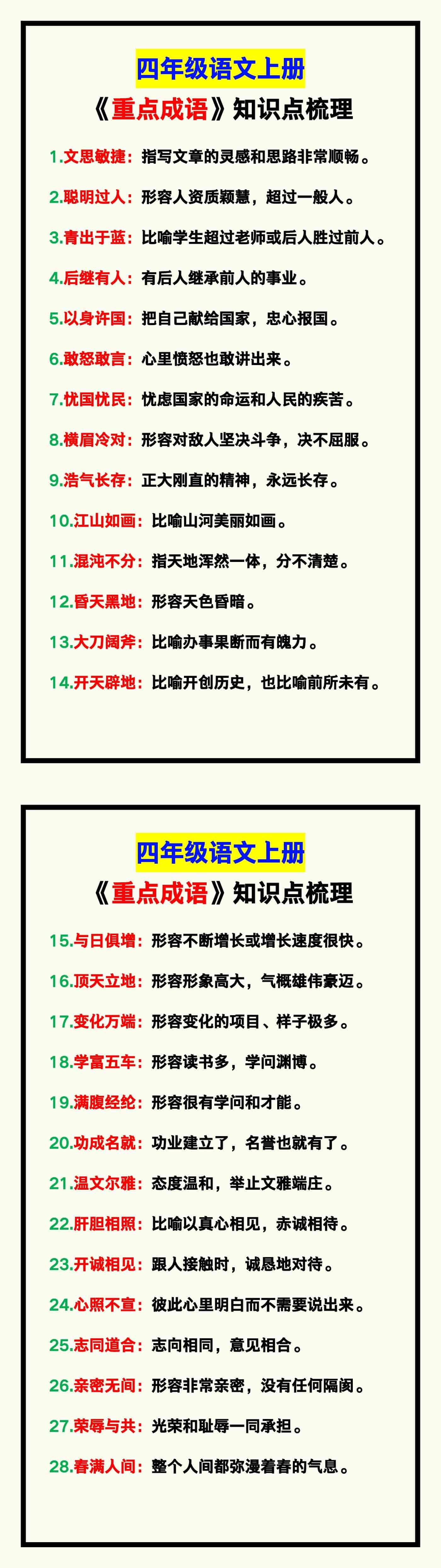 四年级语文上册《重点成语》知识点梳理，学习